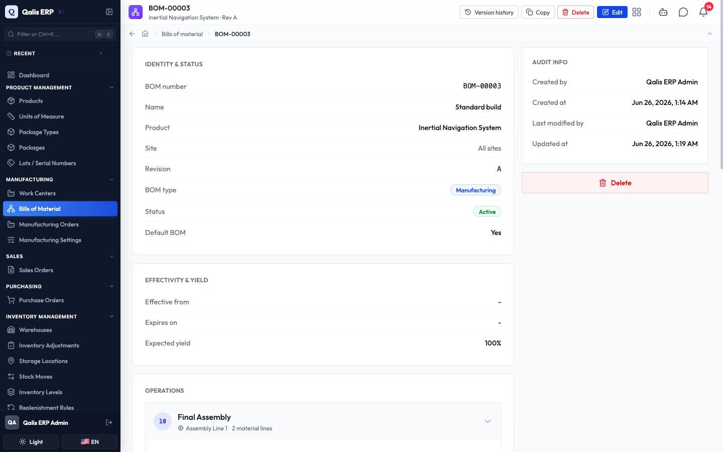The detail page showing the bill of material is now Active and set as the default