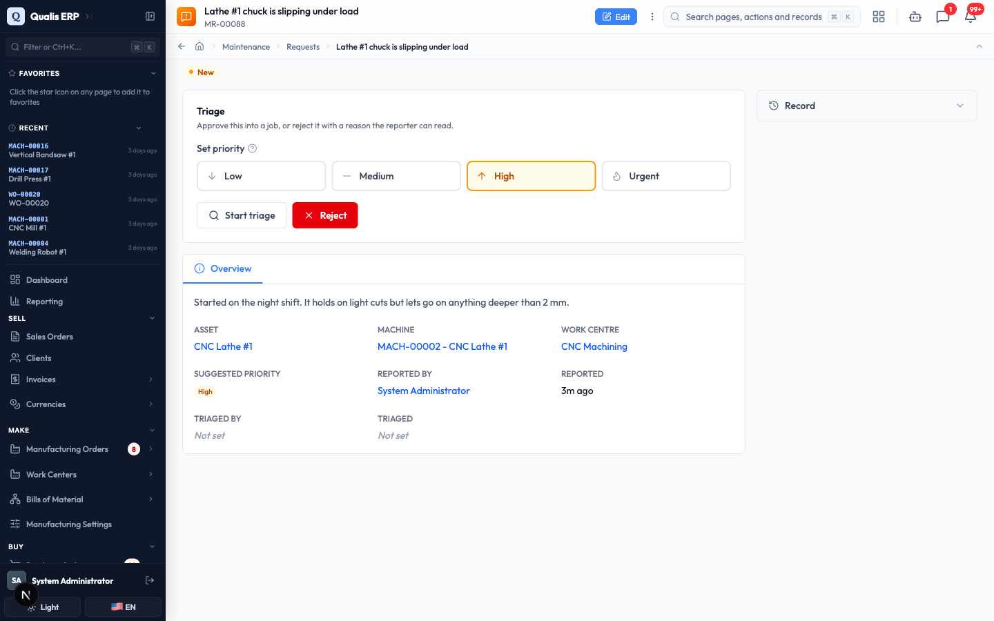 A new request with the Triage panel, the priority buttons and the Start triage and Reject actions