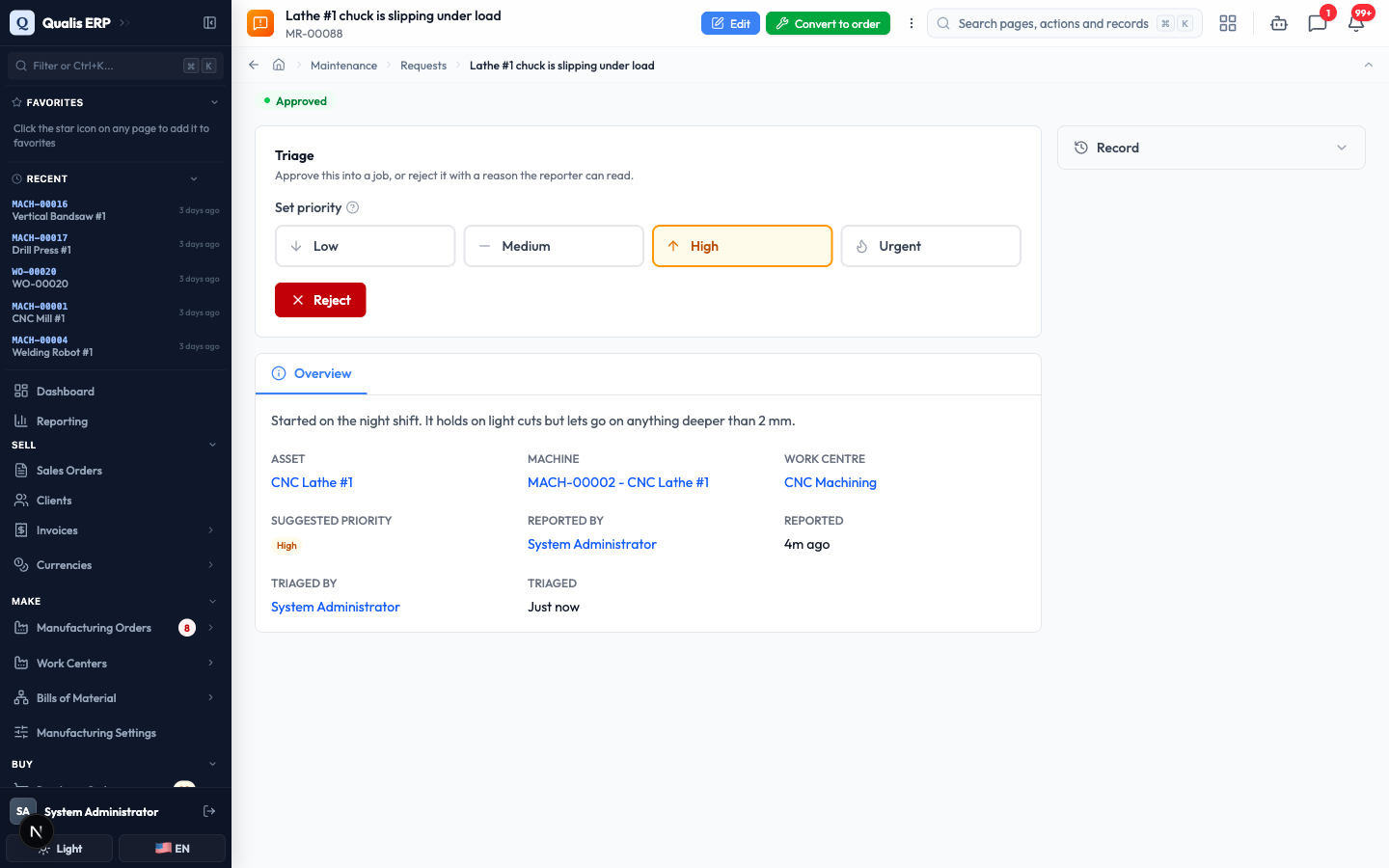 The approved request, now showing who triaged it and when, with Convert to order available