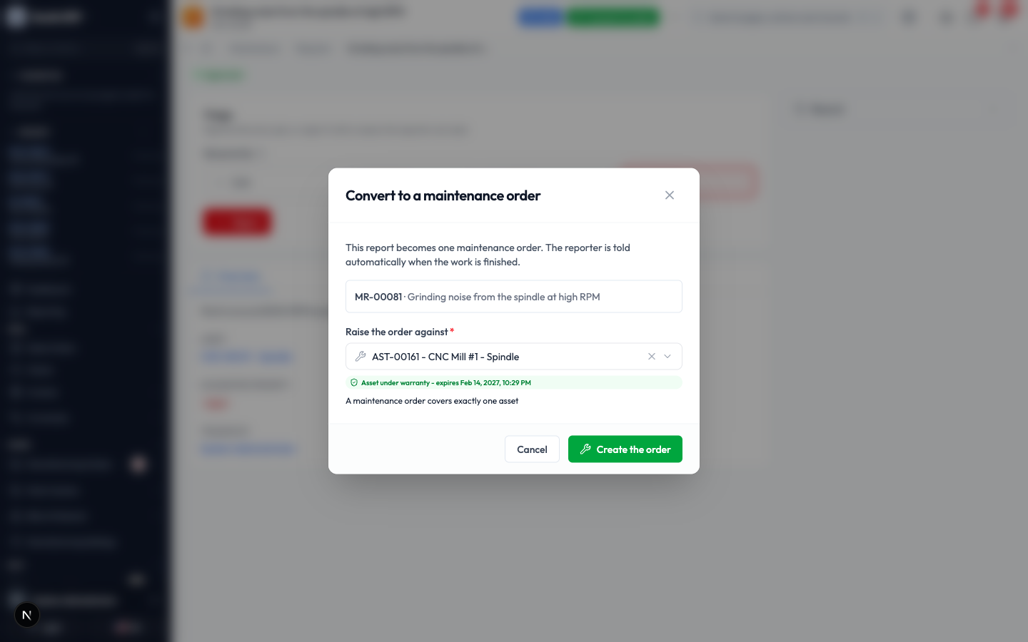The Convert to a maintenance order window with the request listed and the asset pre-filled