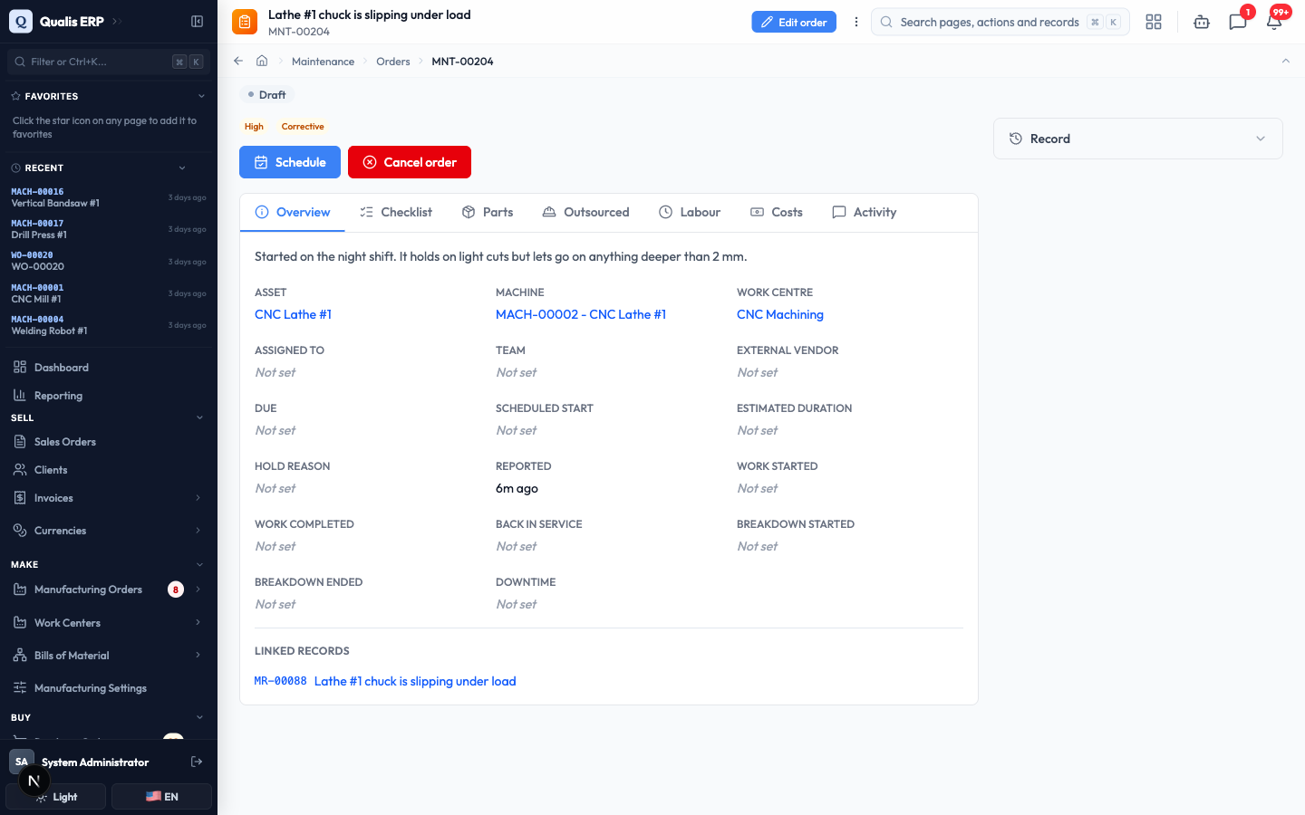The new maintenance order in Draft, with the originating request linked at the bottom