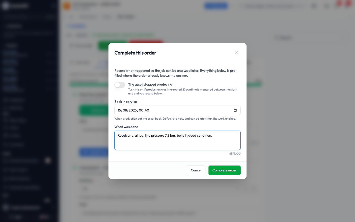 The Complete this order window with the breakdown toggle off and a note describing the work