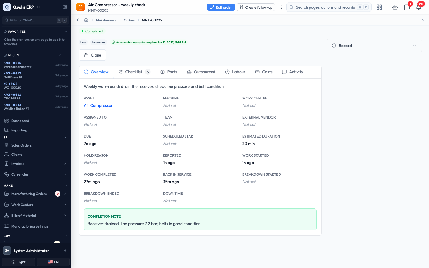 The completed job showing its completion note and the finished checklist