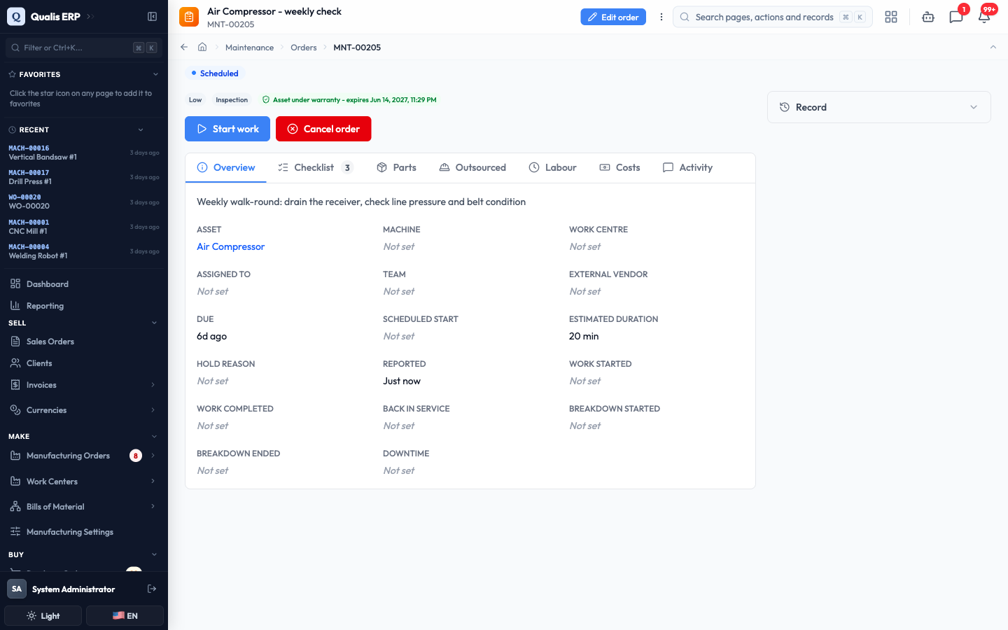 The generated job in Scheduled status with its three-step checklist ready