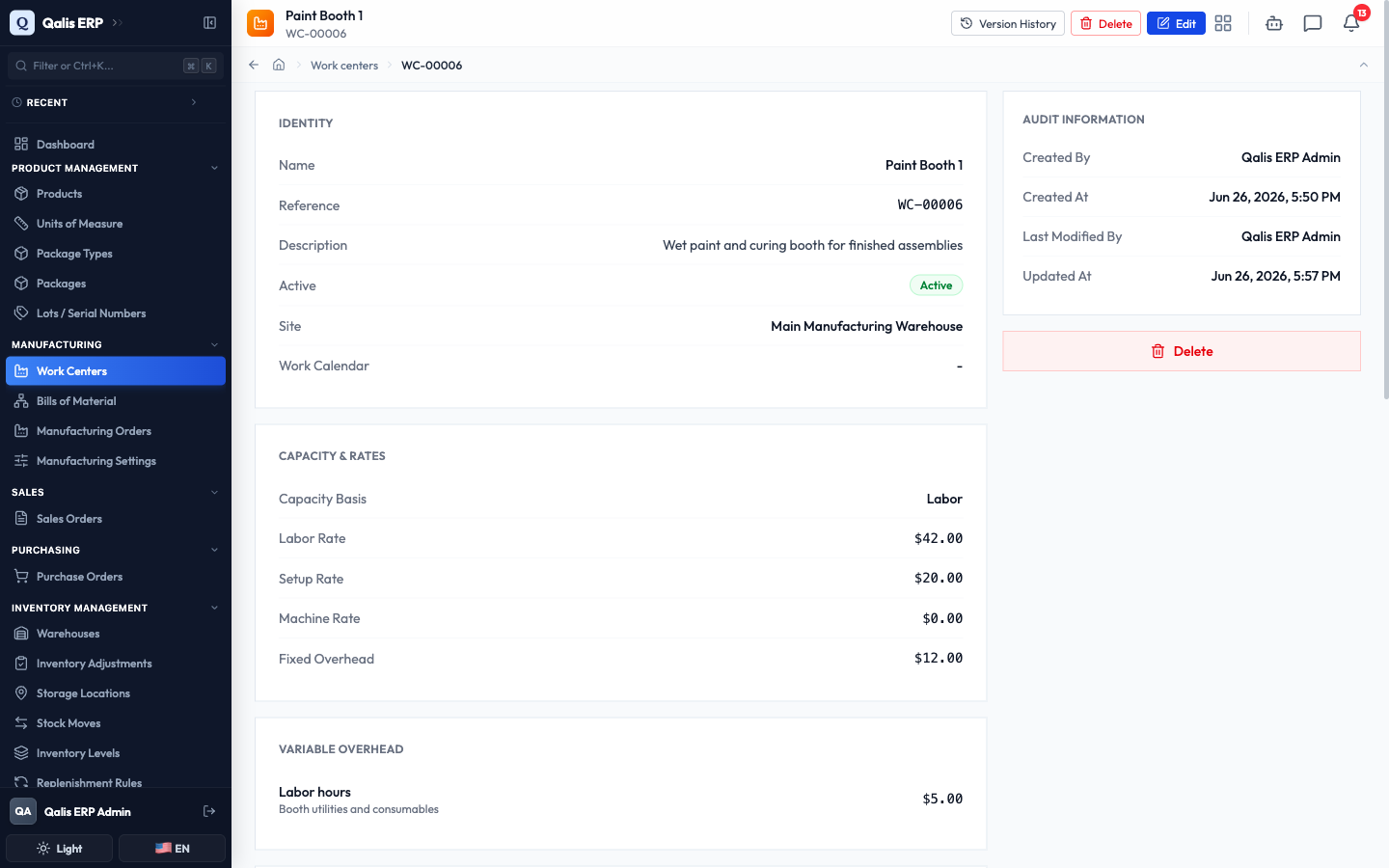 The detail page after editing, with the Labor Rate now showing 42.00 and a new Updated At time